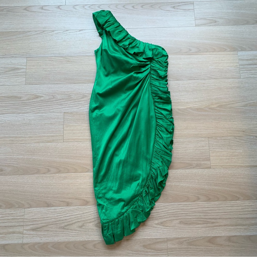 The Attico Abito One Shoulder Satin Ruffle Dress Emerald Green NWT Size 38 IT